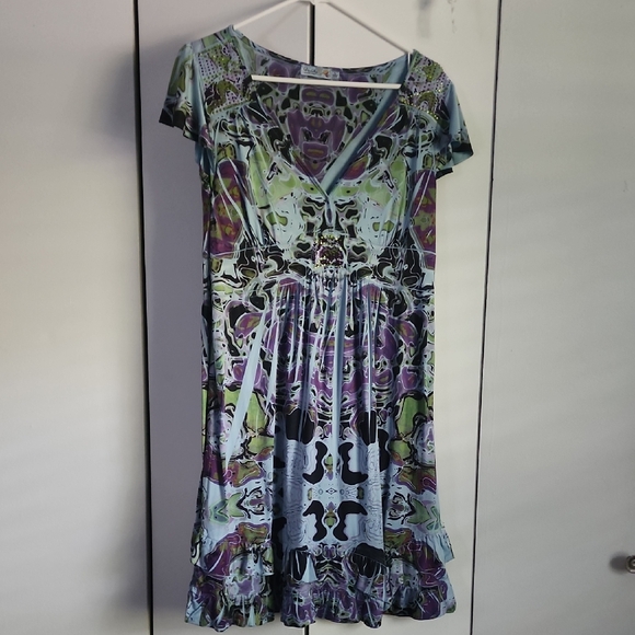 Unity World Wear Purple Green Flutter Sleeve Sundress - Picture 1 of 5